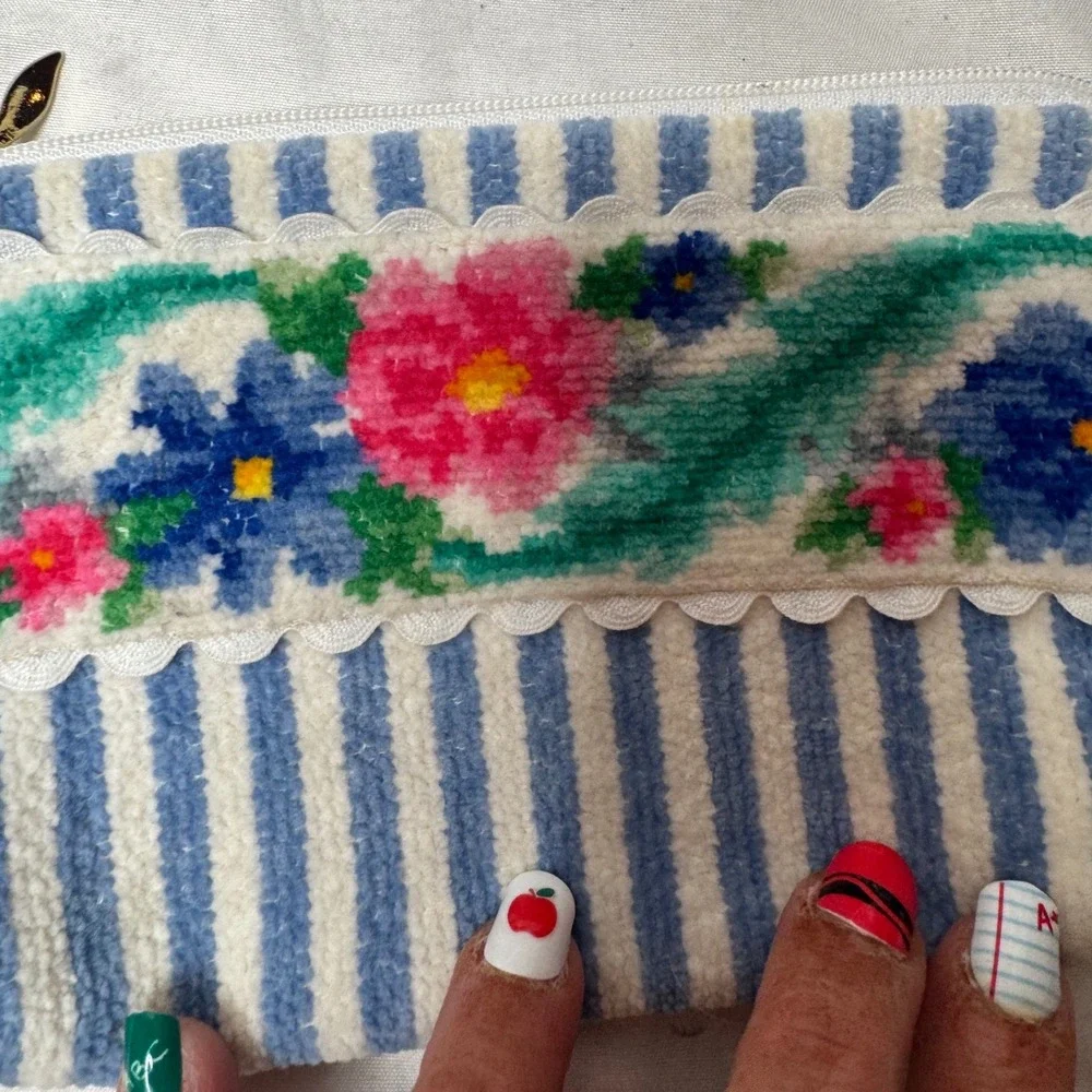 Feiler Germany Chenille Tapestry Pouch Blue White Striped Floral Cosmetic Bag